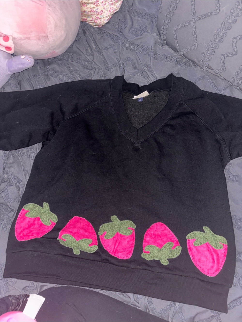 Universal Thread Black V-Neck Sweatshirt with Pink Strawberry Appliqués